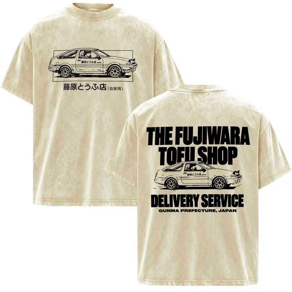 Vintage Washed Anime Initial D Drift AE86 Takumi Fujiwara Tofu Shop T-shirts Unisex Loose Fashion Cotton Short Sleeves T Shirts