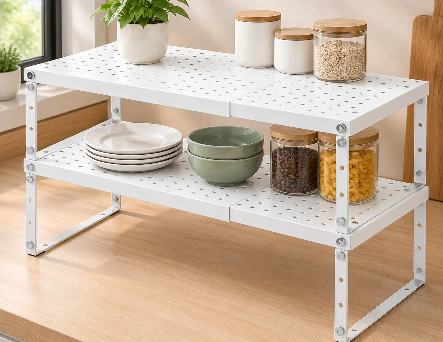Expandable Cabinet Organizer Shelf With Adjustable Height, Stackable Kitchen Countertop Organizer Rack, Adjustable Shelf Riser