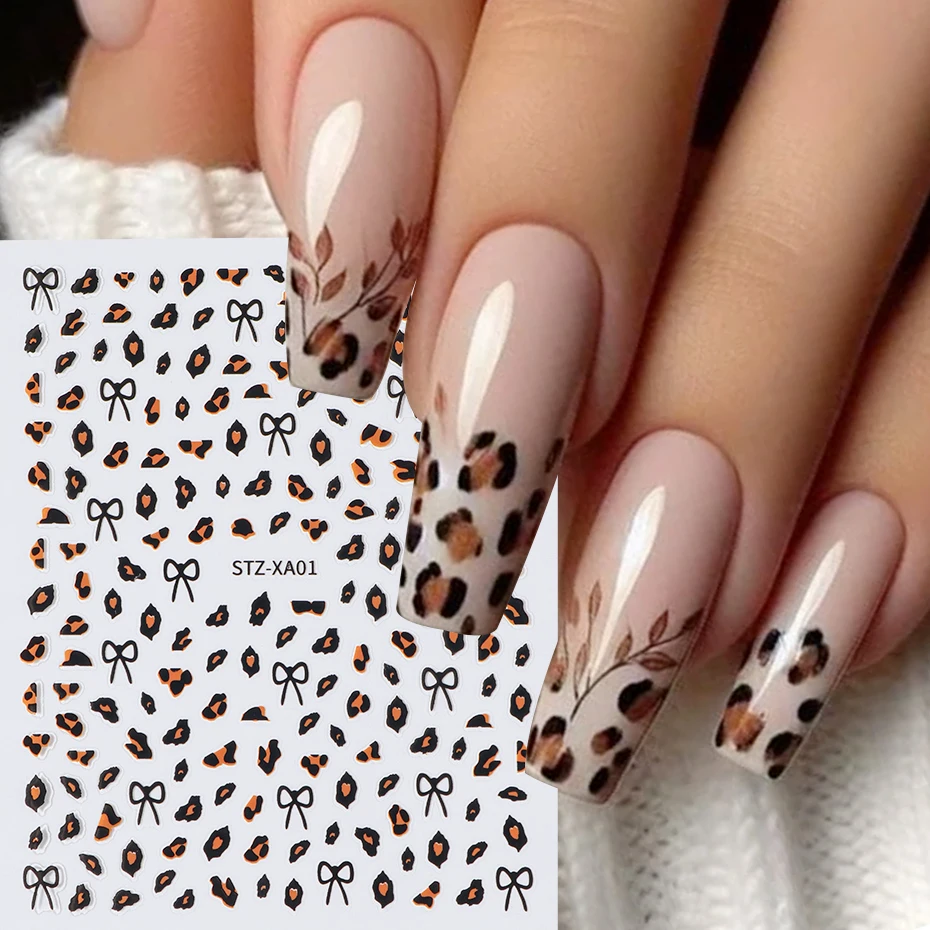 2枚入り ブラウンブラック レオパード柄 ネイルアートステッカー 可愛い黒リボン 粘着式ネイルスライダー 秋冬ネイル用品