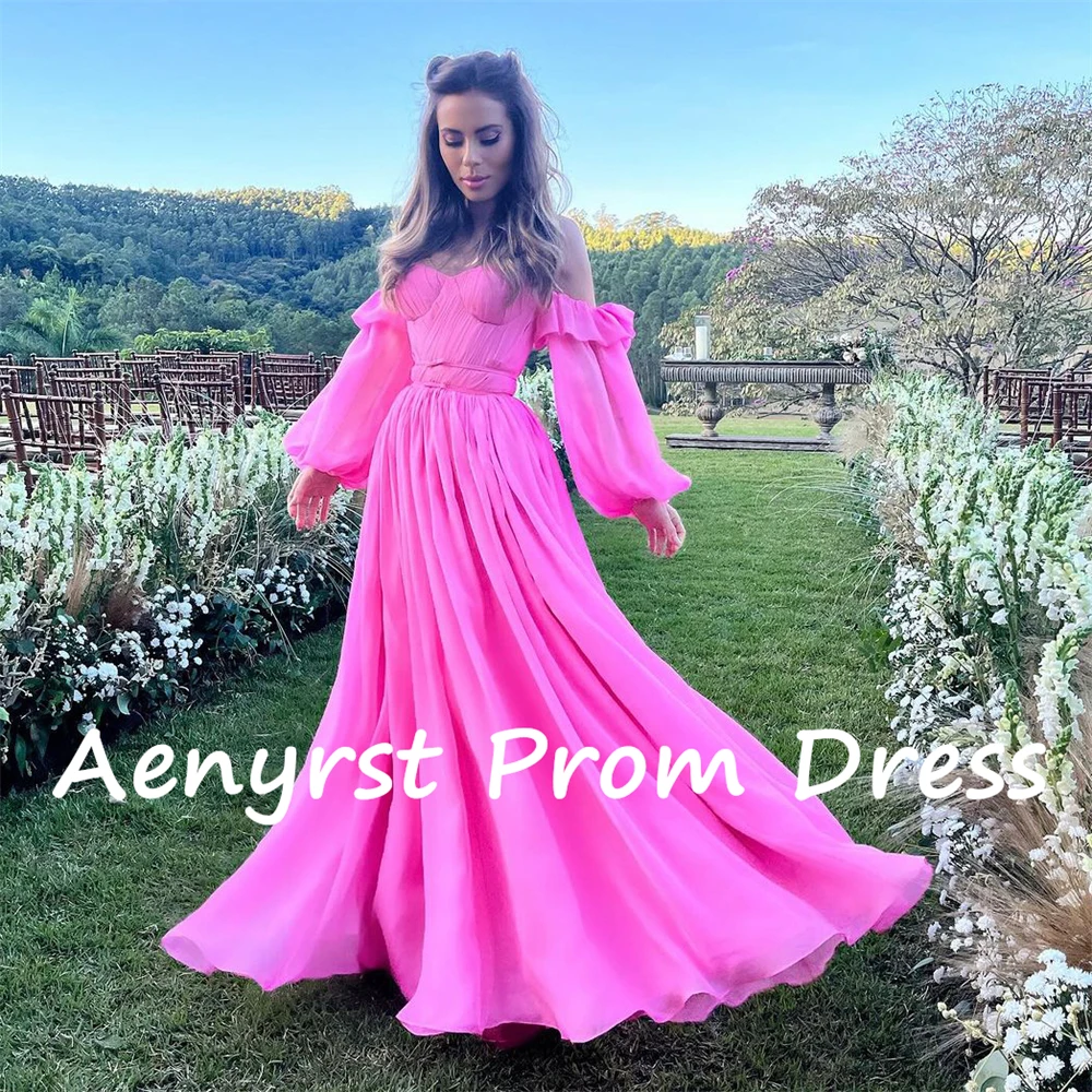 Aenyrst Vestido largo de gasa con hombros descubiertos para fiesta de cumpleaños, traje de noche largo hasta el suelo con mangas abullonadas, corsé de línea A