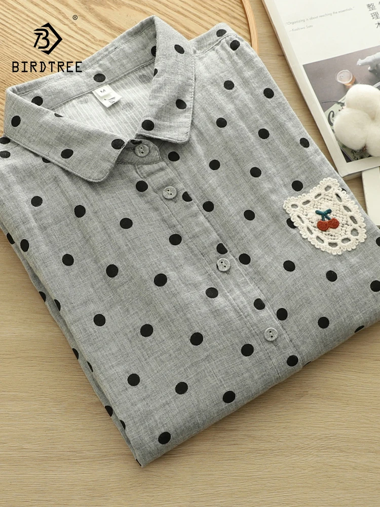 

Новая осенняя рубашка с длинными рукавами из хлопковой пряжи 2025 года, женская рубашка с лацканами в горошек и вышивкой, модная повседневная свободная блузка Mori Girl T59624CC