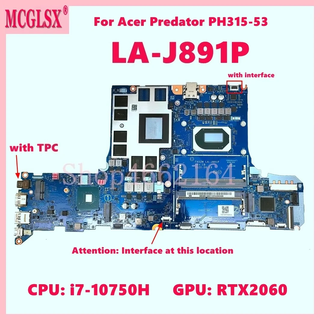 LA-J891P With i7-10750H CPU RTX2060 GPU Notebook Mainboard For Acer Predator PH315-53 Laptop Motherboard 100% Test OK