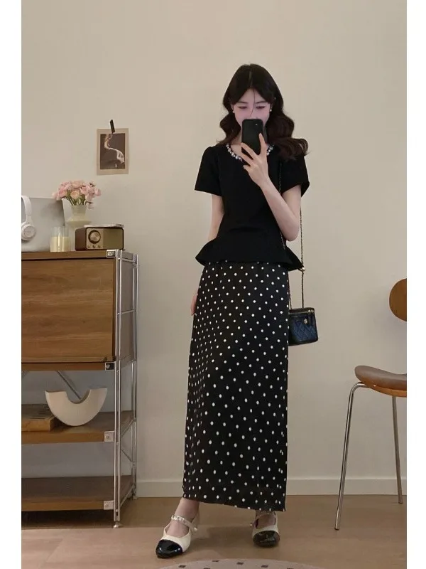 

plus Size Women's Shirt And Half Skirt Set Summer New Style High Waist Polka Dot Hemmed Sleeveless Bright Thread Korean Version