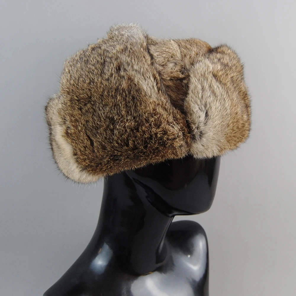 2024 Hot Sell Male Winter Outdoor Real Rabbit Fur Bomber Hat Men Warm Fluffy 100% Natural Rabbit Fur Caps Unisex Genuine Fur Cap