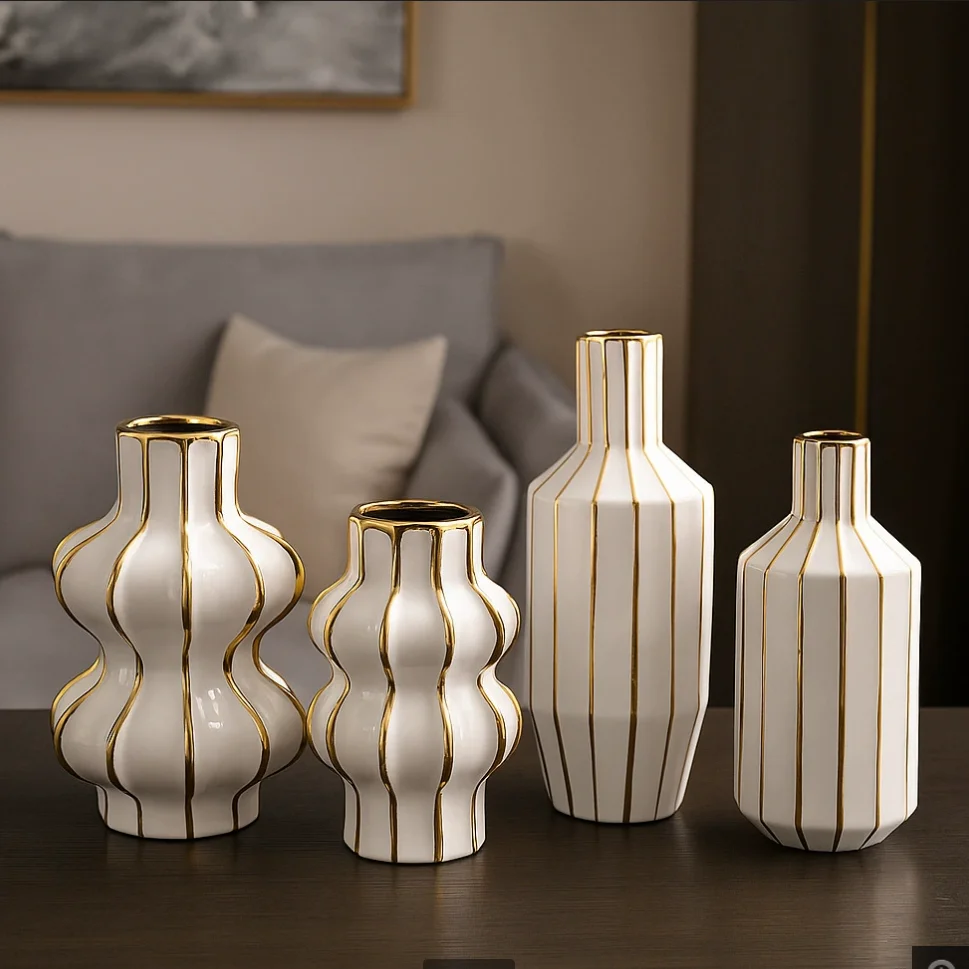 

Modern ceramic flower arrangement, foyer living room, homestay, hotel, creative white, black, gold flower vases, floral ware, ha