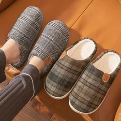 Thermal Slipper Male Men Winter Warm Plus Large Size Fuzzy Fur Contton Plush Non Slip Plaid Indoor Lazy Home House Shoe Flat