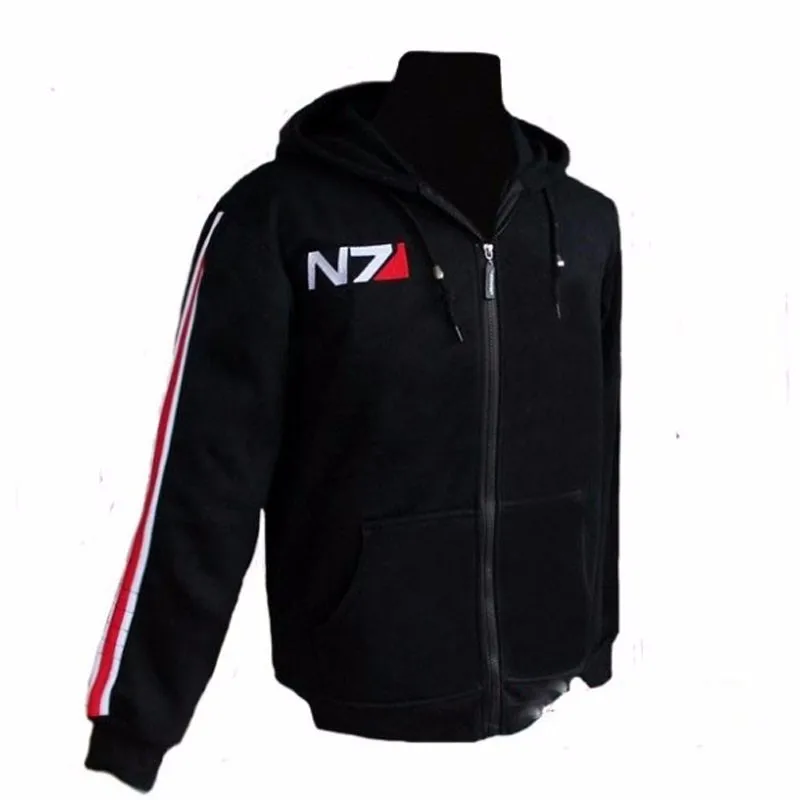 Mass Effect Bluza Mężczyźni Czarny Anime Bluza z kapturem Bluza damska Embordery Gruby polar Ciepła bluza Cosplay N7 Streetwear