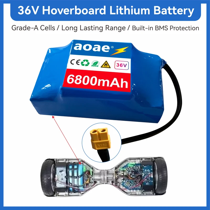 36V Lithium-Ion Battery 12Ah for Self-Balancing Scooter Hoverboard Unicycle, 18650 Grade-A Cells, Built-in BMS, XT60 Connector