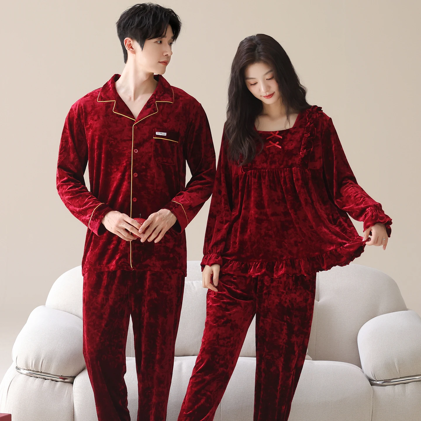 

Winter Couple Cardigan Pajamas Flannel Thick Warm Home Sleepwear Women Festive Red Wedding Pyjama Two Piece Lounge Pijamas Mujer