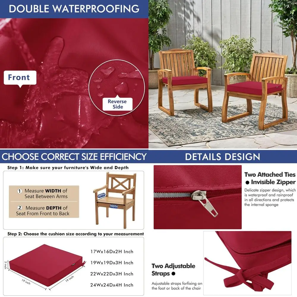 

Set of 2 Waterproof 19x19 Burgundy Red Outdoor Patio Chair Cushions with Ties for Garden & Lawn Furniture
