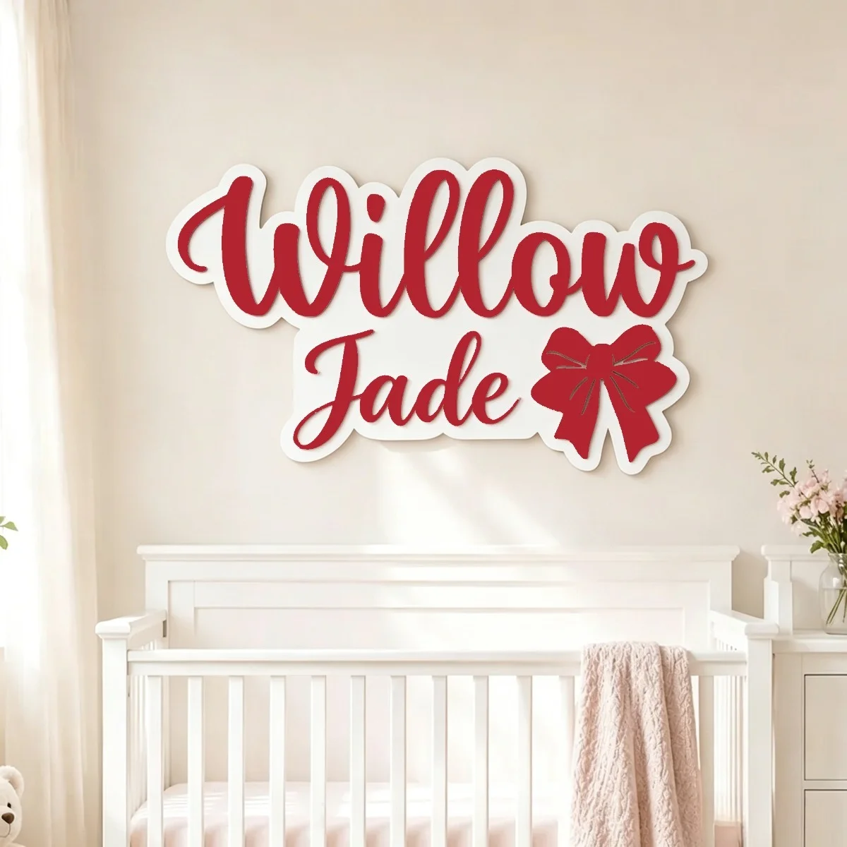Personalized Double‑Name Wooden Baby Bow Name Plaque,Script Cursive Nursery Wall Hanging Decor,Girl Baby Shower Keepsake Gift