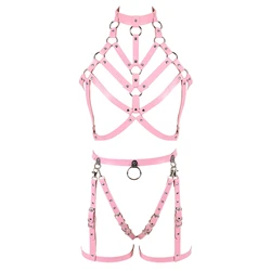 BONDAGE STRAPPY Full Body Harness Leather Women Lingerie Chain Rivet Top Cage Bra Punk Goth Pink Rave Adjustable Garter Belt