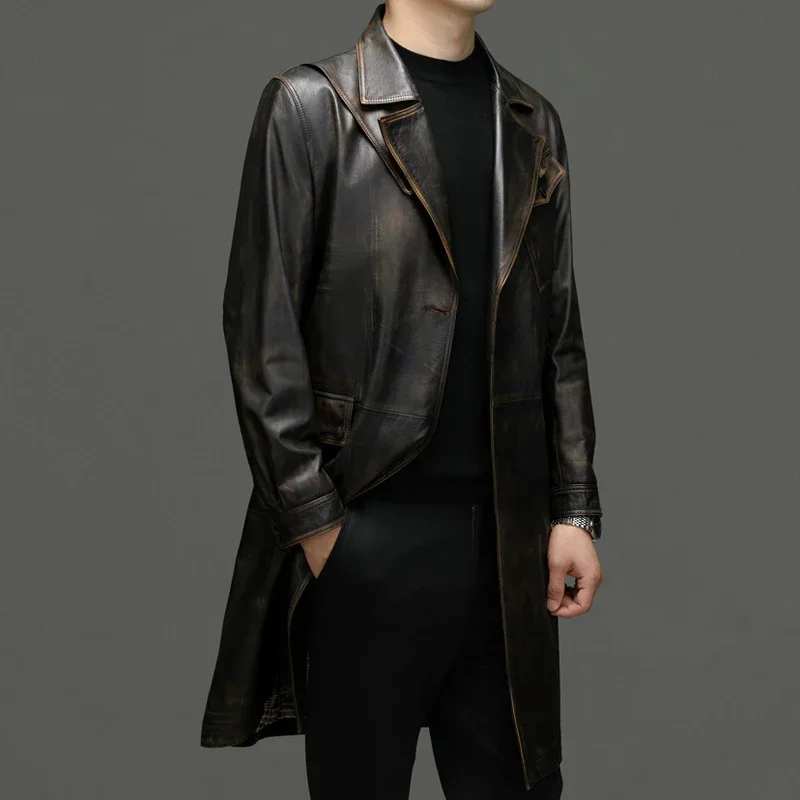 Autumn and Winter New High-end Men's Casual Fashion with Handsome Haining Leather Suit Collar Trench Coat Cowhide Coat M-5XL