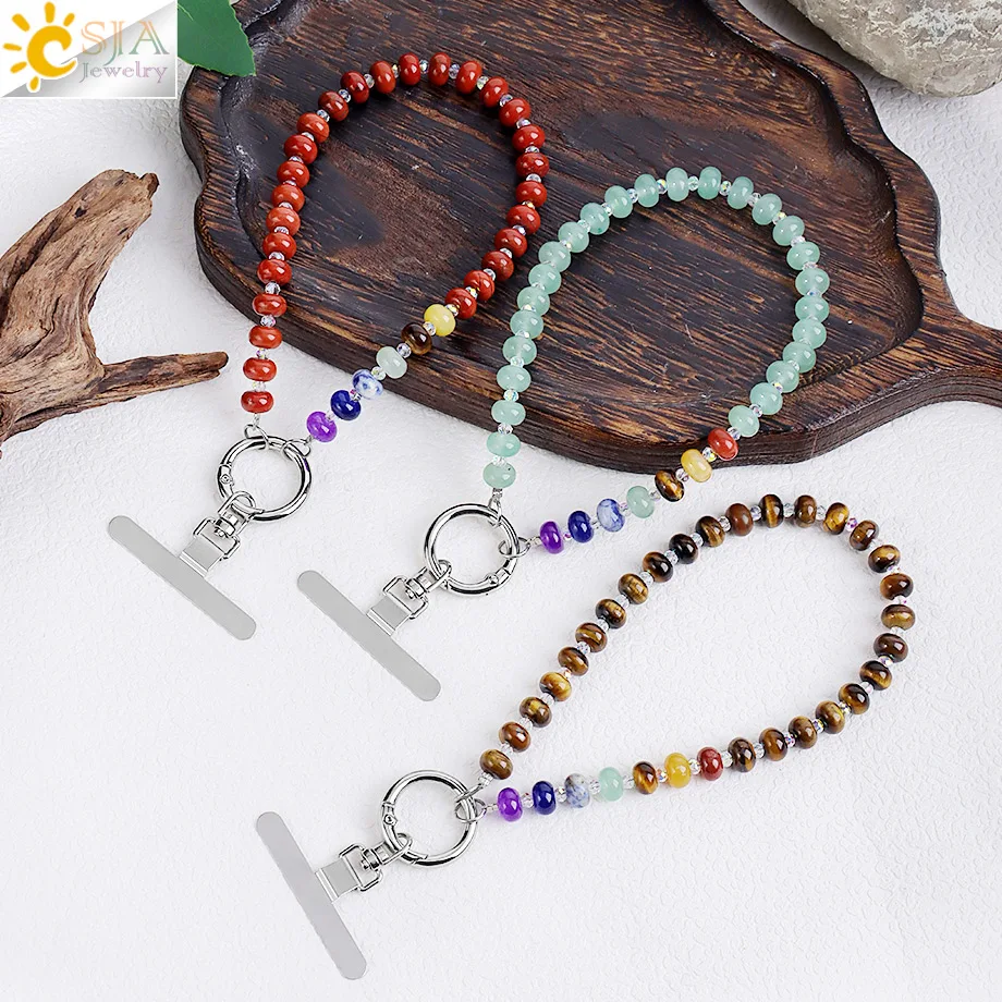 CSJA Advanced 7 Chakra Crystal Wheel Phone Chain Natural Stone Bead Boho Anti-Lost Lanyard Phone Case Bag Keychain Pendant H846