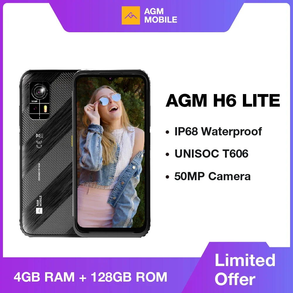 Agm h6 lite頑丈なスマートフォン、4gb 128gb、unisoc t606、50mpカメラ、6.56 "hd 720p ipsディスプレイ、ip68、ip69k、4900mah、nfc