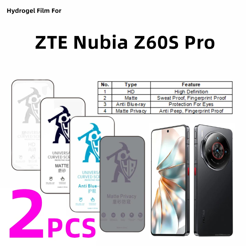 

2 шт. HD гидрогелевая пленка для ZTE Nubia Z60s Pro, матовая защитная пленка для экрана Nubia Z60s Pro, матовая защитная пленка для защиты глаз, антишпионская матовая защитная пленка