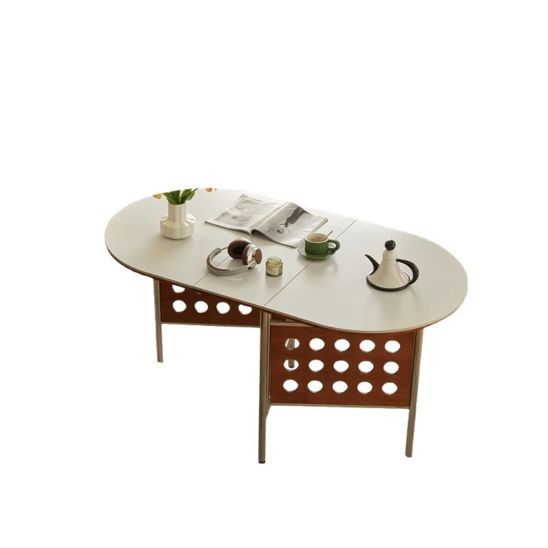 

Foldable dining table and chair combination oval Nordic medium and ancient style household small apartment solid wood