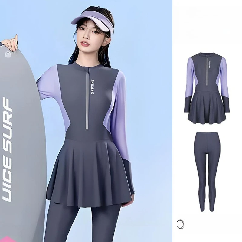 

Surfing Swimsuit Women's One-piece Premium Long Sleeve Sunscreen Skirt Conservative Sports Swimsuit