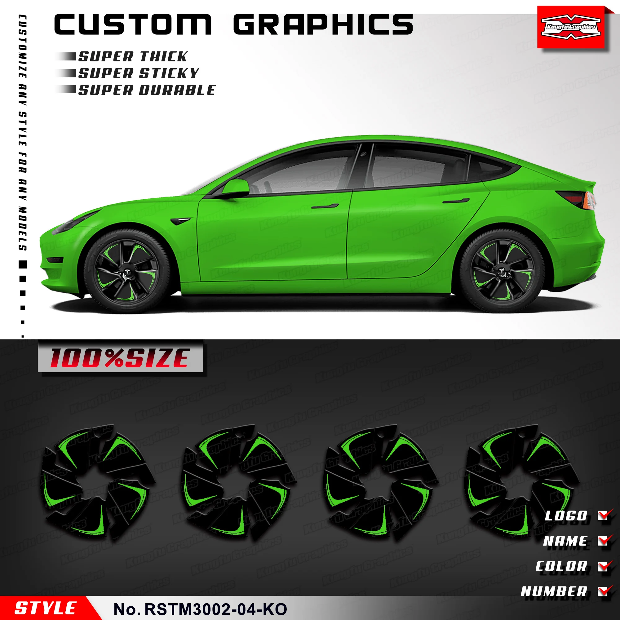 

KUNGFU GRAPHICS Waterproof Rim Sticker Fade Resistant Decal Set for Tesla Model 3, Green Black Multi Colors