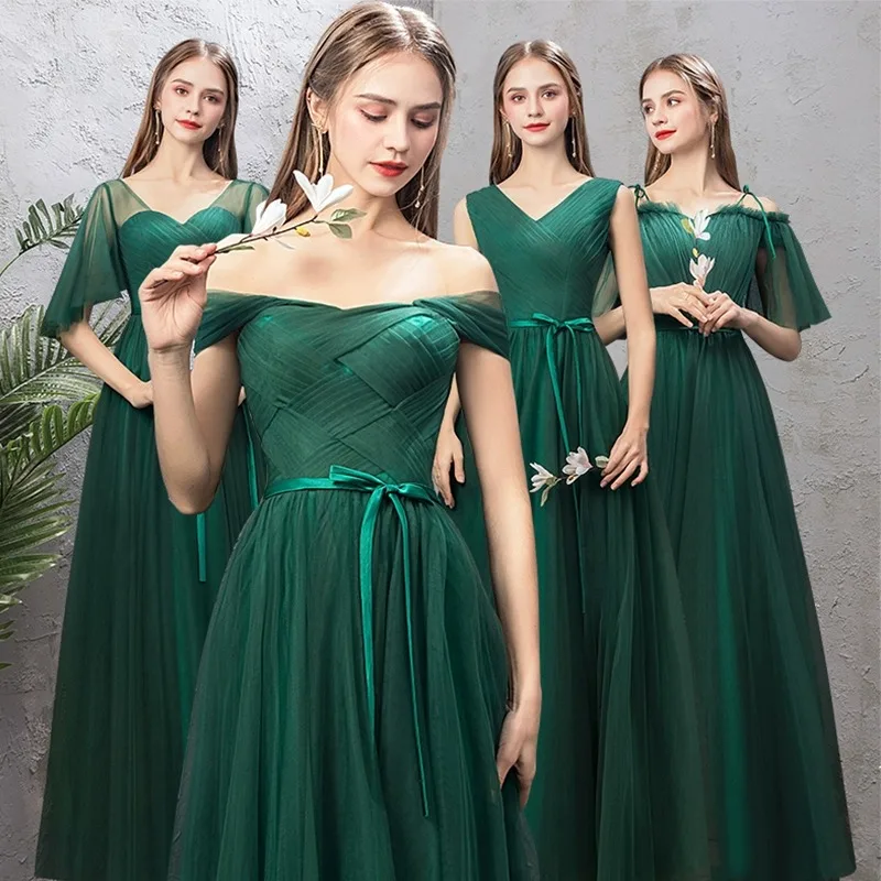 

Green A-Line Tulle Long Bridesmaid Dresses Floor-Length Simple Sleeveless Vestidos Bridesmaid Skirt Prom Gown