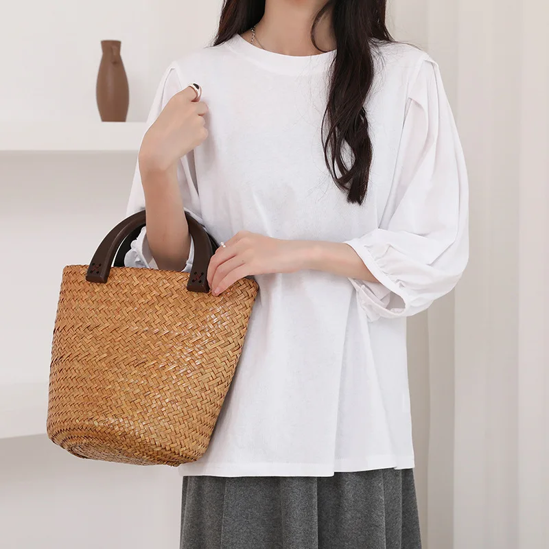 

Early Autumn Women's T-shirt Simple High-end Feel Solid Color Pure Cotton Loose Slimming Casual Lantern Sleeve Top