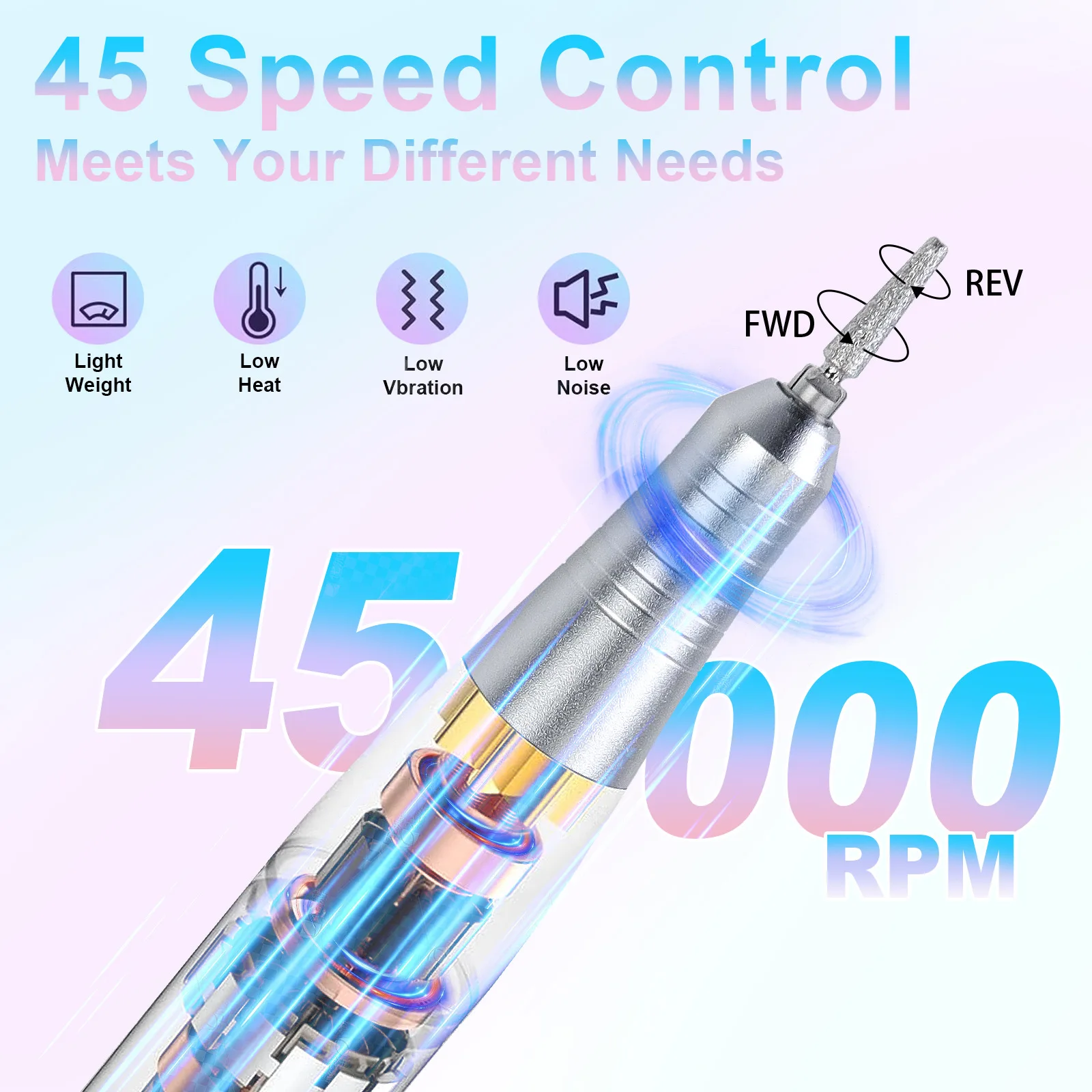 45000RPMプロ仕様電動ポータブルネイルドリルマシンUSB充電式低騒音ネイルサンダーファイル（マニキュアサロンツール用）