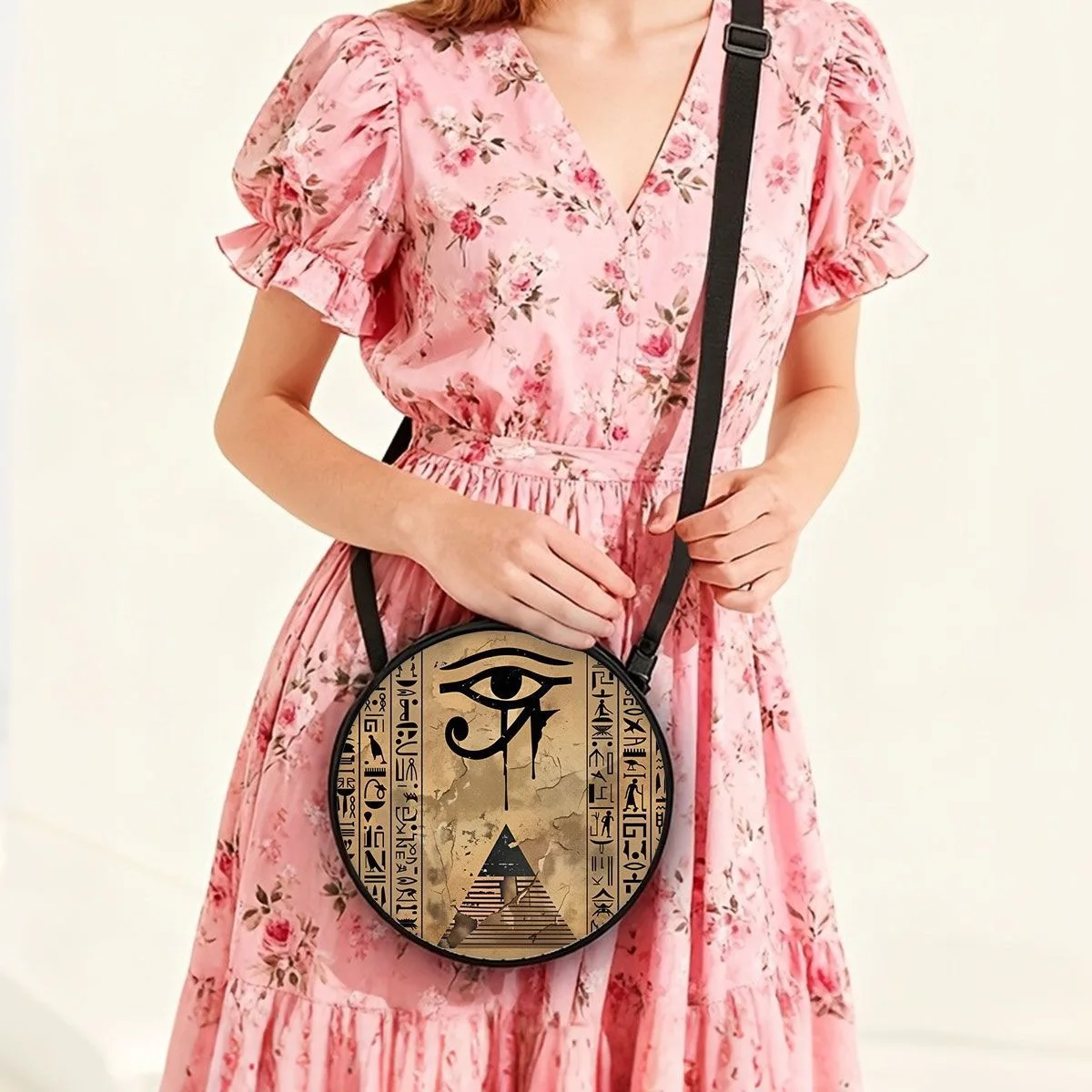 Round Crossbody Bag Ancient Egypt Eye Print Women Handbag Cosmetic Bag Multifunctional Storage Purse Adjustable Strap Gift