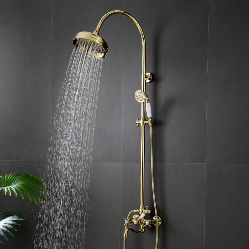 Shower Shower Set Vintage Gold Lifting Rod Full Copper Top Spray Shower Household Bath Faucet