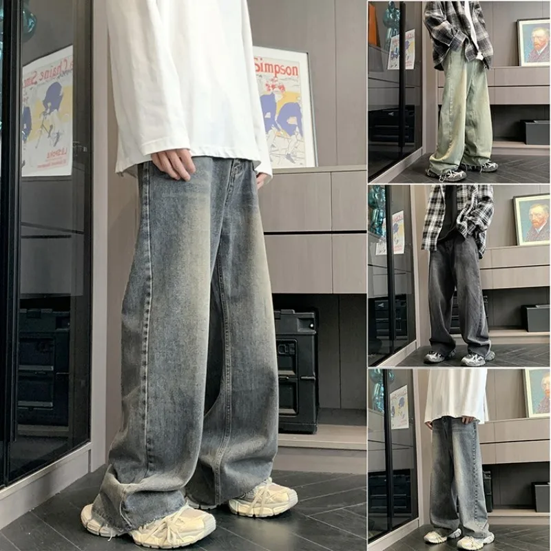 

Jeans men Korean Fashion Men's Vintage Blue Jeans Classic All-match Solid Color Straight-leg Denim Wide-leg Pants Male trousers
