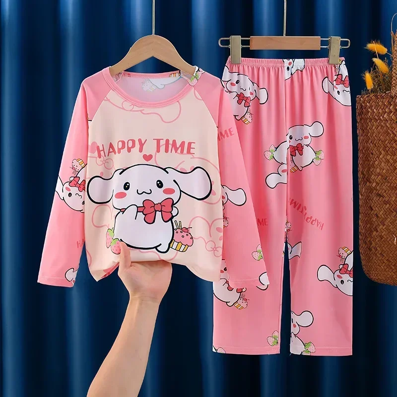 2024 Autumn Miniso Children Milk Silk Pajamas Sets Girl Boy Sleepwear Korean Kids Homewear Clothes Cute Cartoon Loungewear