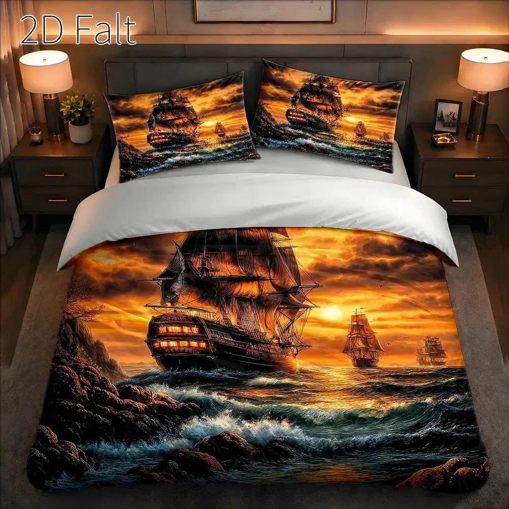3-Piece Duvet Cover Set, 1 Duvet Cover + 2 Pillowcases (Without Filling) 2D Flat Printing, Pirate-Themed, Dark Fantasy Style, Pirate Festival, Suitable for All Seasons, Machine Washable, Invisible Zipper, Large Duvet Cover Set, Bedding Set, Wrinkle-Resistant and Wear-Resistant, Not Easy to Wrinkle, Suitable for Home/Dormitory/Master Bedroom/Guest Room Use