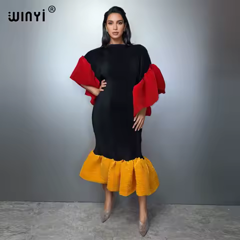 WINYI Pleated Elastic slim dress boho beachwear cover up muslim woman kaftan abaya dubai luxury long down holiday evening dress