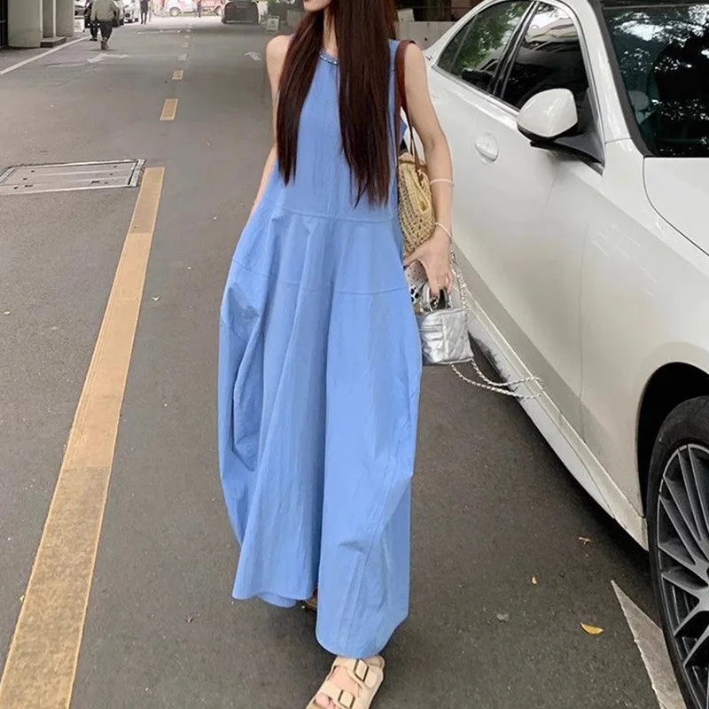 

Blue Vest Long Dresses Women Summer Simple Solid Color Seaside Vacation Style O Neck Sleeveless Dress Comfortable Casual Female