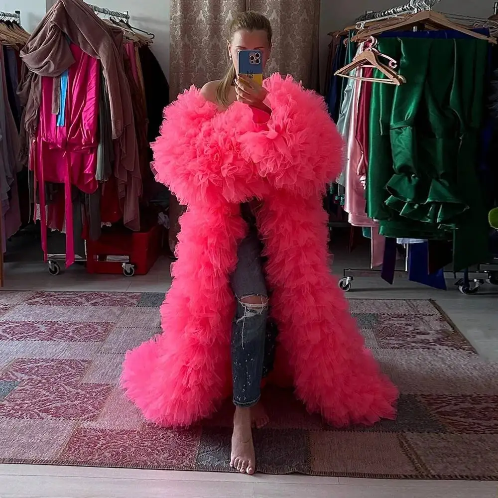 Bright Pink Tulle Jacket Women Full Sleeves Maxi Dresses Ruffles Puffy Robe Tierred Floor Length Long Lush Dress To Party