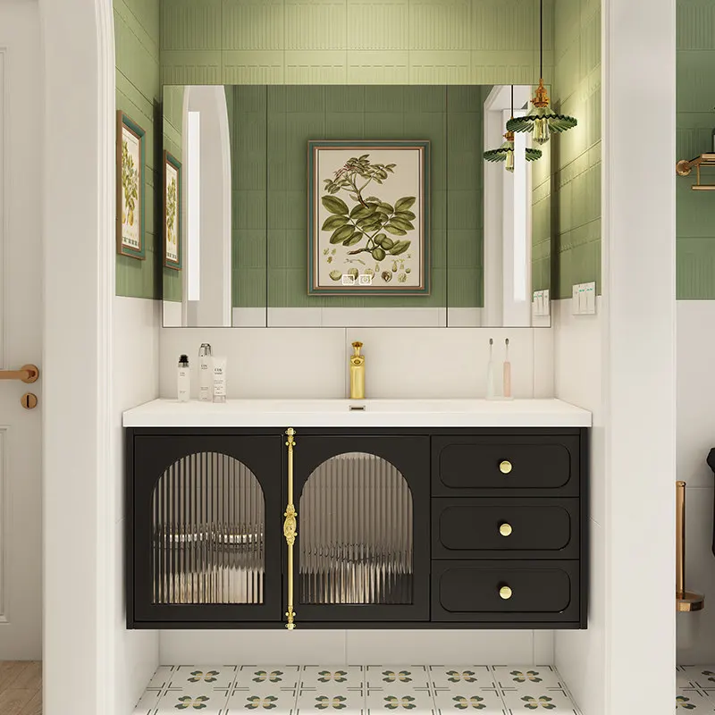 Mueble de baño antiguo francés de roble con lavabo cerámico integrado, combinación de mueble y lavabo.