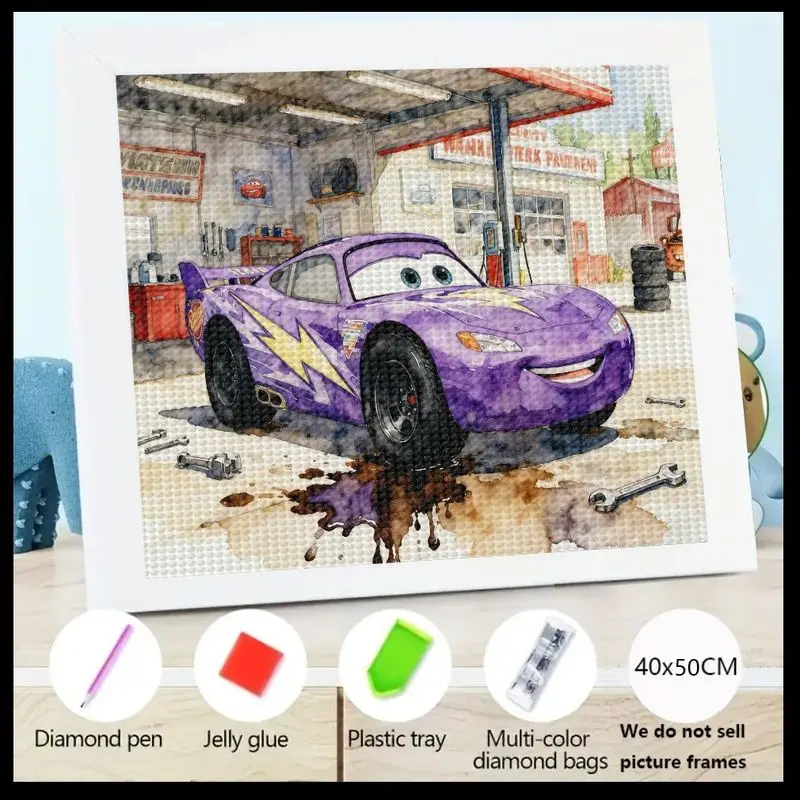

1 шт. 5D DIY комплект алмазной живописи, полная дрель, мультяшный фиолетовый гоночный автомобиль в гаражную сцену, алмазное искусство, 40x50 см, большая краска для кристаллов и драгоценных камней