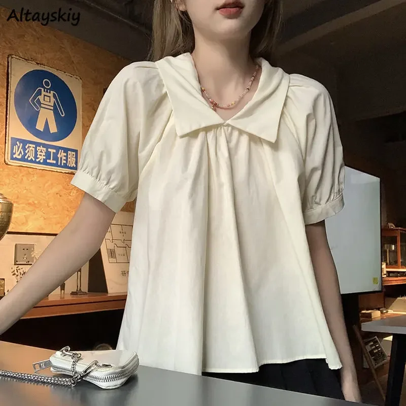 

Блузка женская с пышными рукавами, милый мешковатый нежный Повседневный Топ в Корейском стиле, шикарный девичьи складки, Универсальный популярный классический, на лето