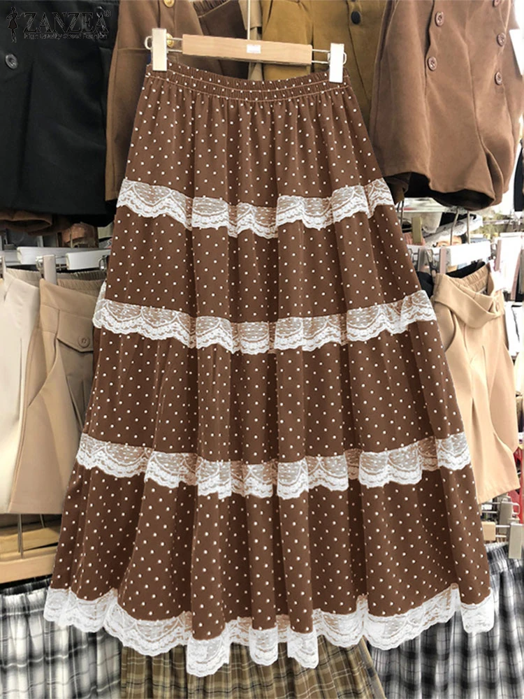 

Women Bohemian Long Skirts ZANZEA Fashion Vintage Maxi Skirts Summer Polka Dot 2025 Lace Patchwoek High Waist Casual Bottoms