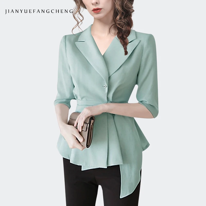 Fashion Suit Collar Light Blue Women Working Shirt With Belt Elegant Slim Half Sleeve Blouse 2022 Spring Summer Female Tops