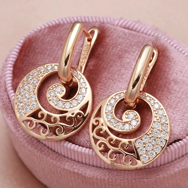 Wbmqda Luxury Circle Hollow Drop Earrings For Women 585 Rose Gold Color With White Natural Zircon Fine Daily Party Jewelry