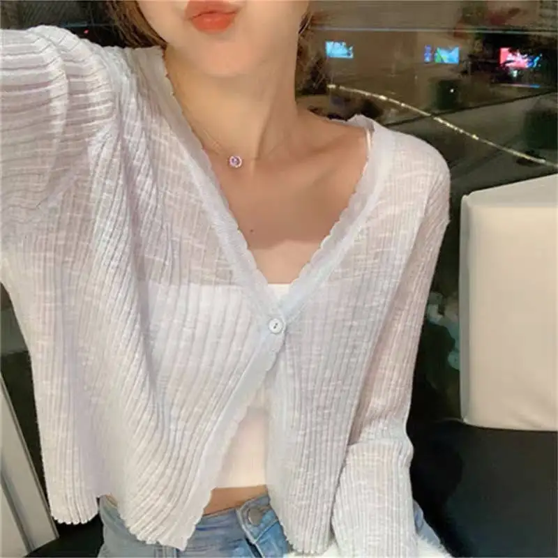 

Summer Polyester Women's T-Shirt V-Neck Long Sleeve Cardigan Button Loose Solid Thin Fashion Casual T-Shirt