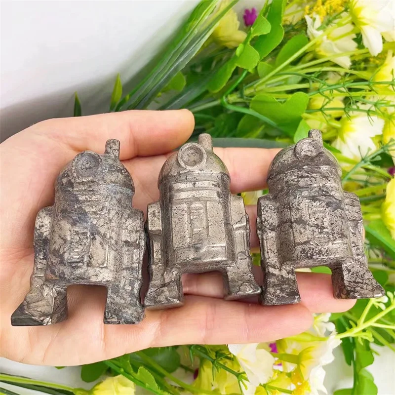 Natural Pyrite Cartoon Robot Crystal Animal Carving Crafts Healing Energy Stone Fashion Home Decoration Gift 1pcs