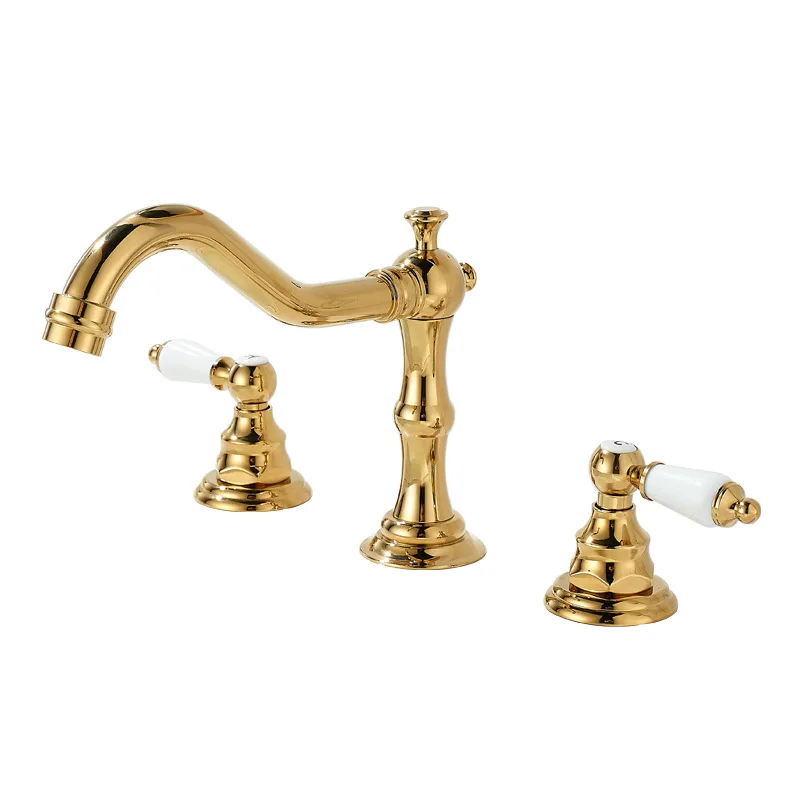 

European-style golden hot and cold faucet split under-counter basin three-hole double-handle basin bathroom washbasin