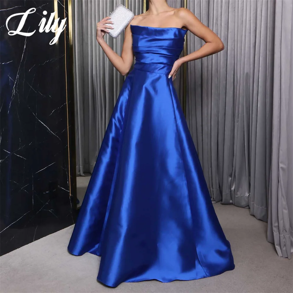 Lily Simple Blue Strapless Prom Dresses with Pleats Satin Sleeveless Evening Dresses Ruched Party Dress A-Line Robe De Soirée