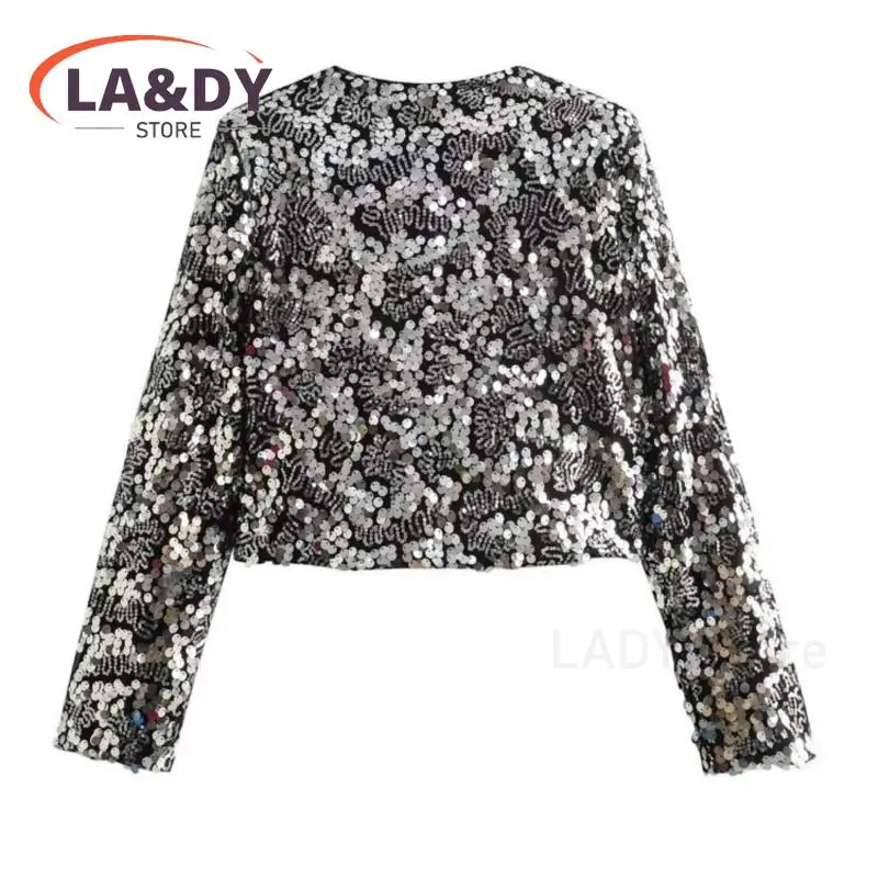 Sequin Cardigan Women 2024 Spring Autumn Fashion Round Neck Bow Solid Color Casual Long Sleeve Party Tops Female