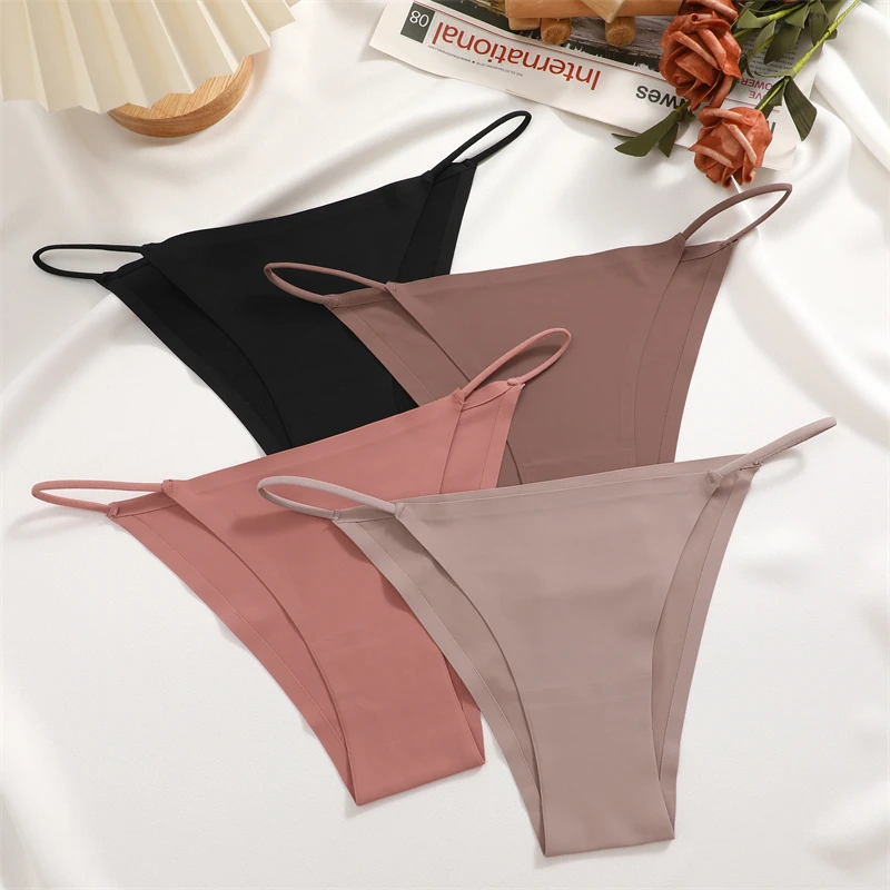 FINETOO 3PC Ice Silk Underwear for Women Sexy Seamless Briefs Low Waist Stretch Bikini Panties Female Solid Comfortable Lingerie