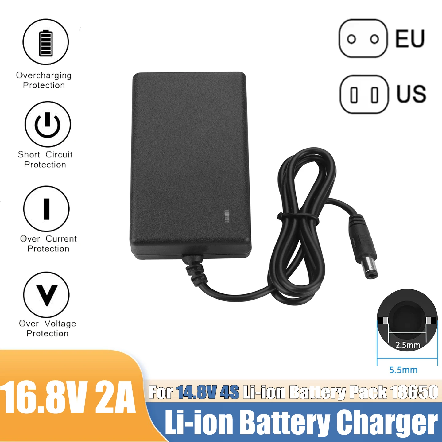 16.8V Lithium Battery Charger AC100-240V Adapter DC 5.5mm Plug 2A MAX For 14.8V 4S Li-ion Battery Pack Massage Gun LED Light