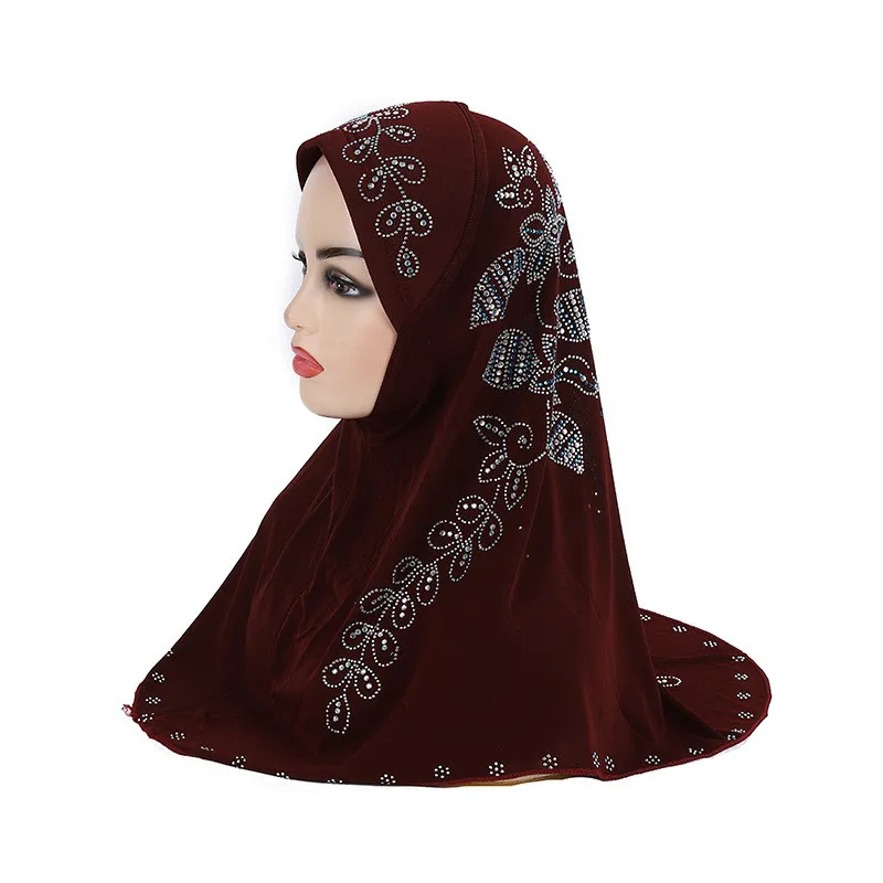 Adults Big Girls Medium Size Women Muslim Hijab Scarf with Rhinestones Islamic Headscarf Hat Armia Pull On Headwrap Ramadan Gift