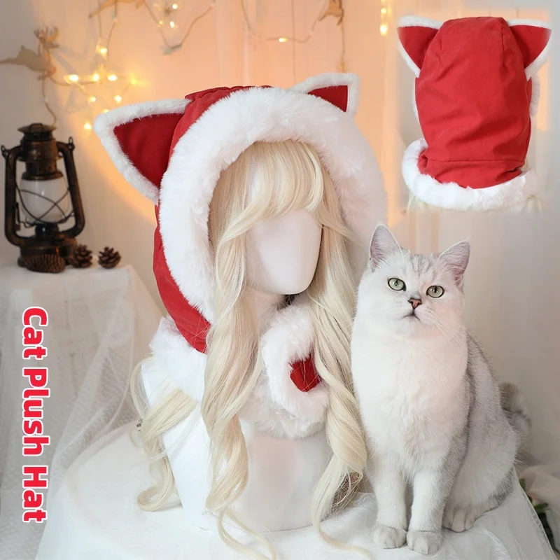 Christmas Handmade Cute Cat Ears Plush Hat Women's Winter New Hat Scarf One Body Thickened Warm Ear Protection Red Hat