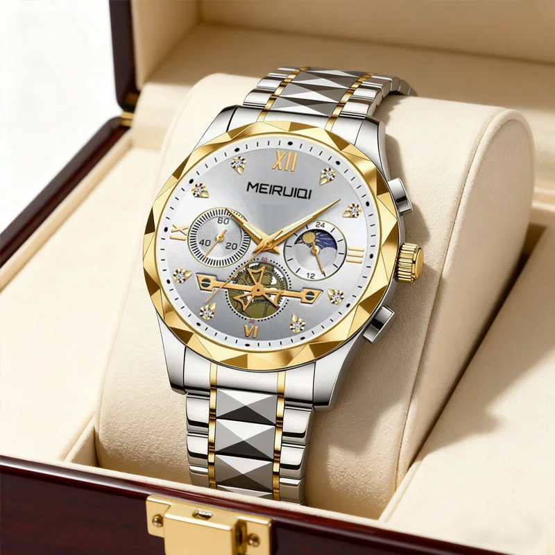 A men's room gold and white casual style handsome cross sun and moon multifunctional quartz watch